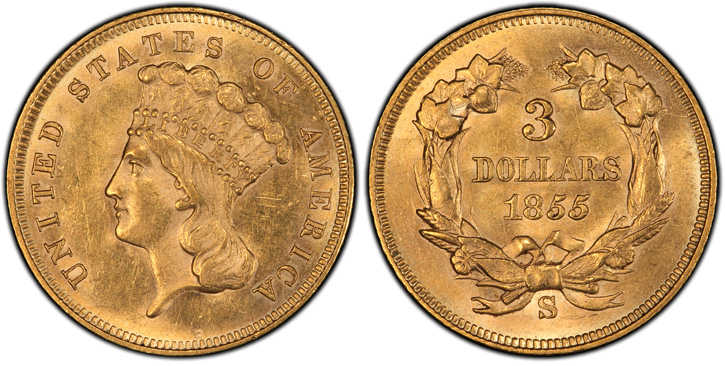 1855-S Three-Dollar Gold Piece. MS-62+ (PCGS).